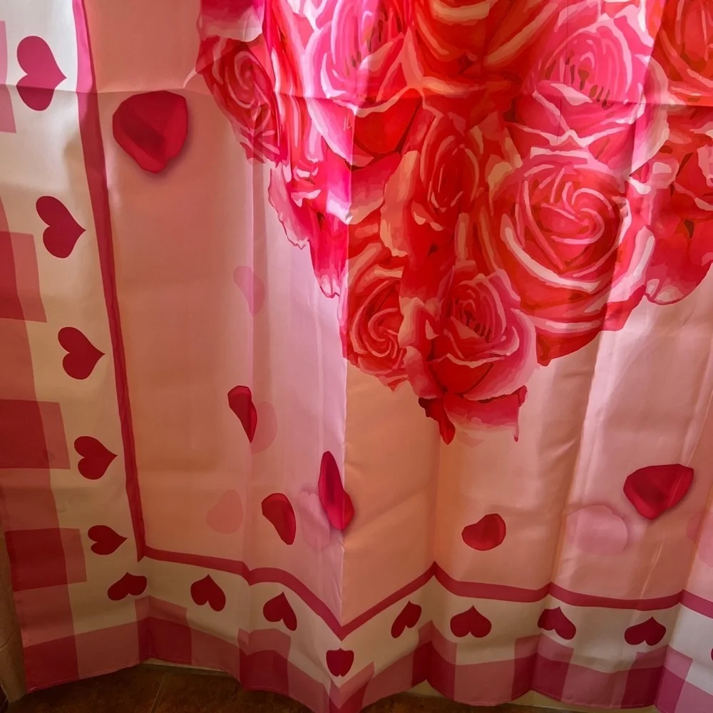 Pink Hearts and Roses Shower Curtain with Hooks Valentines Day Long